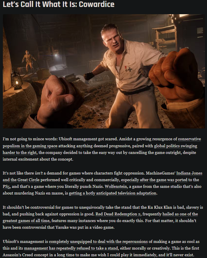 kabrutusdeid's tweet photo. Of course there are gaming journos who are pissed because Ubisoft decided to cancel the next DEI Assassin’s Creed game. https://t.co/Up2145cIEU