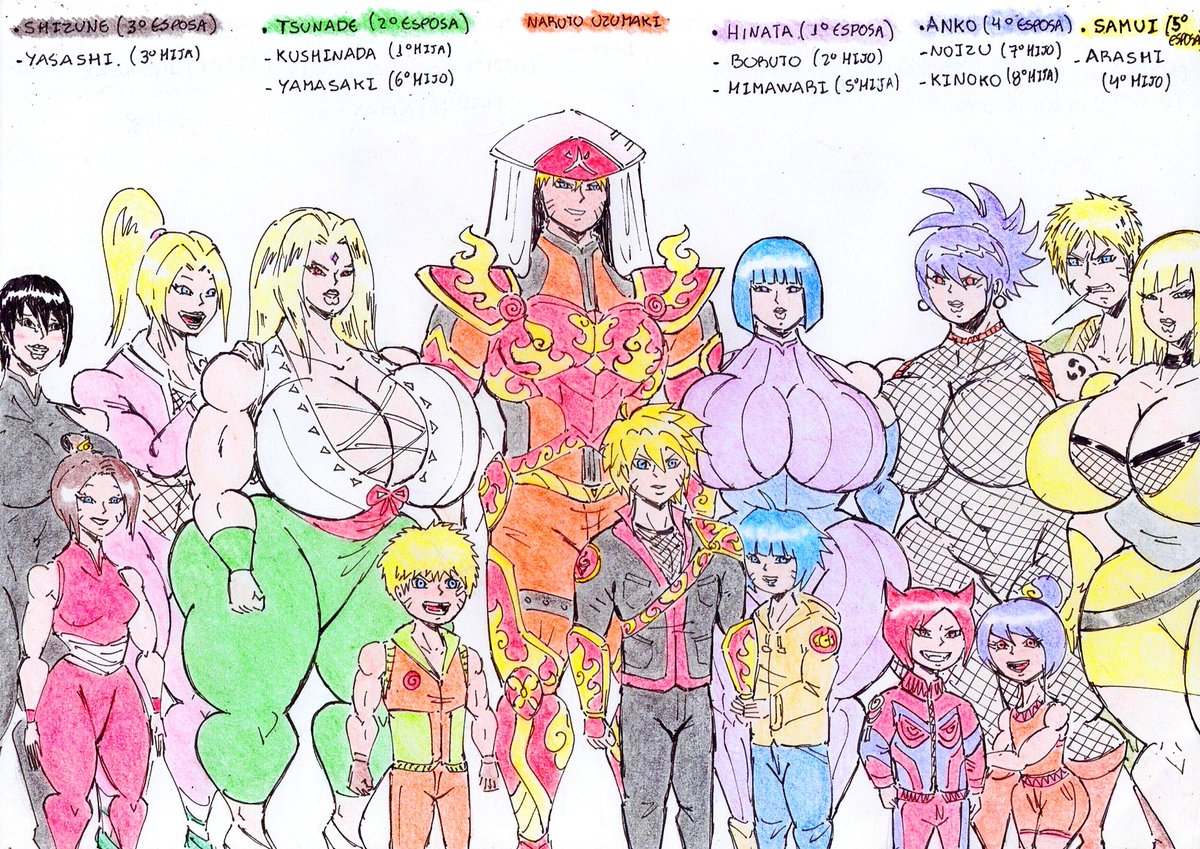 This is a special drawing from an alternate universe of the Naruto anime/manga where he is the Hokage and has 5 wives and 8 children. 
Este es un dibujo especial de un universo alterno del anime/manga de Naruto en donde es el Hokage además el tiene 5 esposas y 8 hijos.