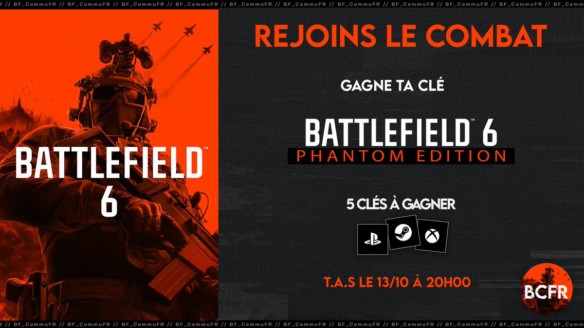 BF_CommuFR's tweet image. 🎁 CONCOURS 🎁
Vous n'avez pas de clé pour #Battlefield6 ?
On a reçu 5 clés de l'édition PHANTOM à vous faire gagner sur la plateforme de votre choix!!

Pour cela:
👉Follow @BF_CommuFR
🔄Retweet ce tweet
📌Tag un pote
T.A.S le 13 octobre à 20h

Merci @EAFrance &amp;amp; @BattlefieldEAFR…
