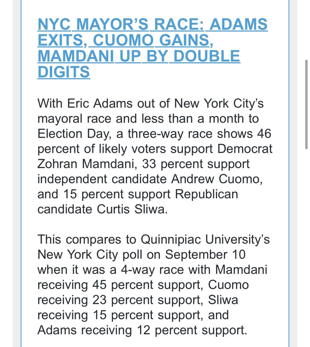C_Sommerfeldt's tweet image. With Eric Adams out of the race, Cuomo&apos;s gaining ground, pulling 33% support from NYC voters, per a new Quinnipiac poll. That compares to the 23% he pulled last month when Adams was still in.

Regardless, Cuomo remains well behind Mamdani, who&apos;s got 46% support, per the new poll.