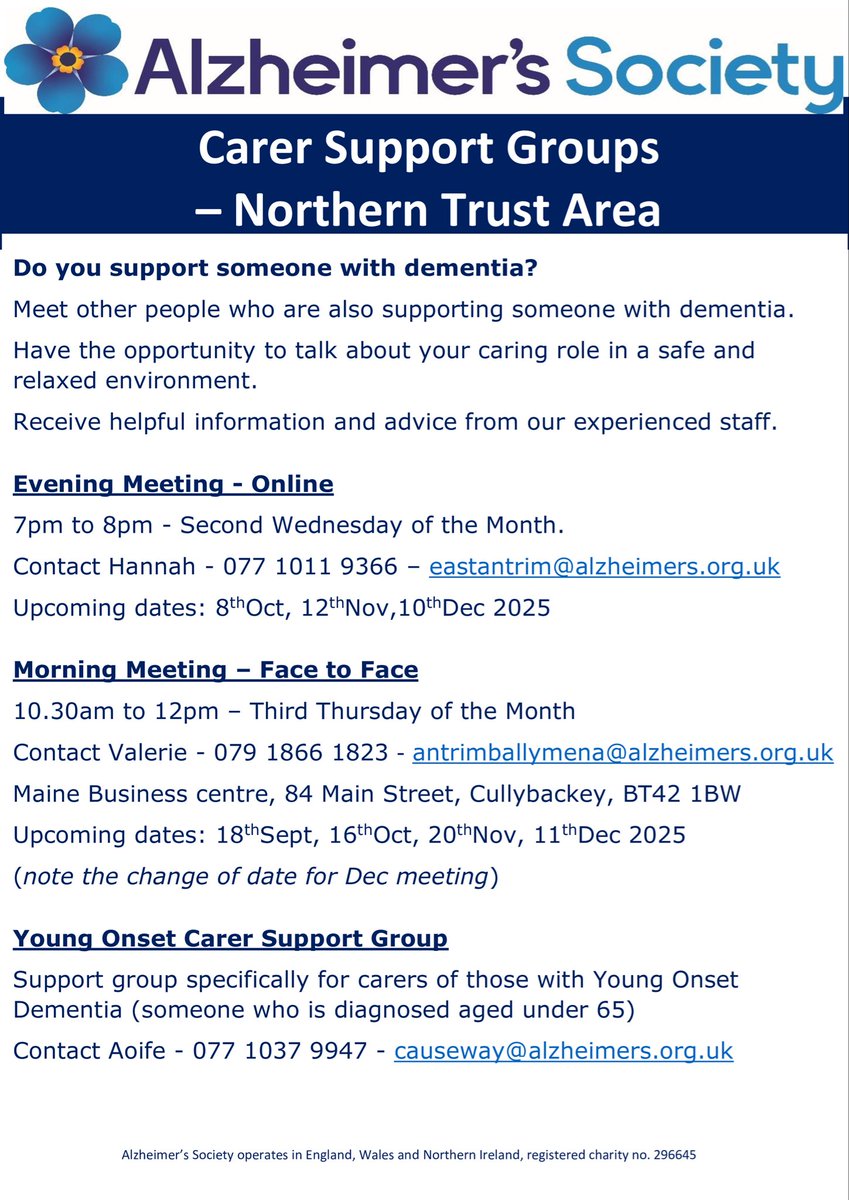 Adrian Friel (@adrian_friel02) on Twitter photo Carer support groups from <a href="/AlzSocNI/">Alzheimer’s Society Northern Ireland</a> taking place in <a href="/NHSCTrust/">Northern Trust</a> are for anyone caring for a person with dementia. Carer support groups from <a href="/AlzSocNI/">Alzheimer’s Society Northern Ireland</a> taking place in <a href="/NHSCTrust/">Northern Trust</a> are for anyone caring for a person with dementia.