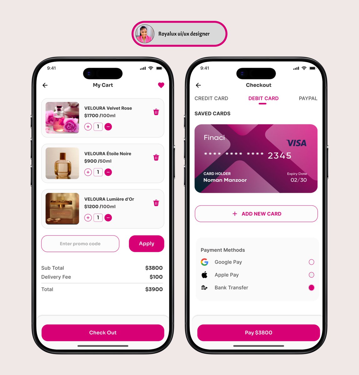 HamiduOpemipo's tweet image. Just wrapped up a clean and elegant UI concept for Veloura,a luxury perfume shopping app Focused on soft visuals, smooth checkout, and a premium user journey. Would love your feedback♥️ #UIDesign #UXDesign #ProductDesign #Figma #PerfumeApp #Ecommerce #DesignCommunity #Veloura