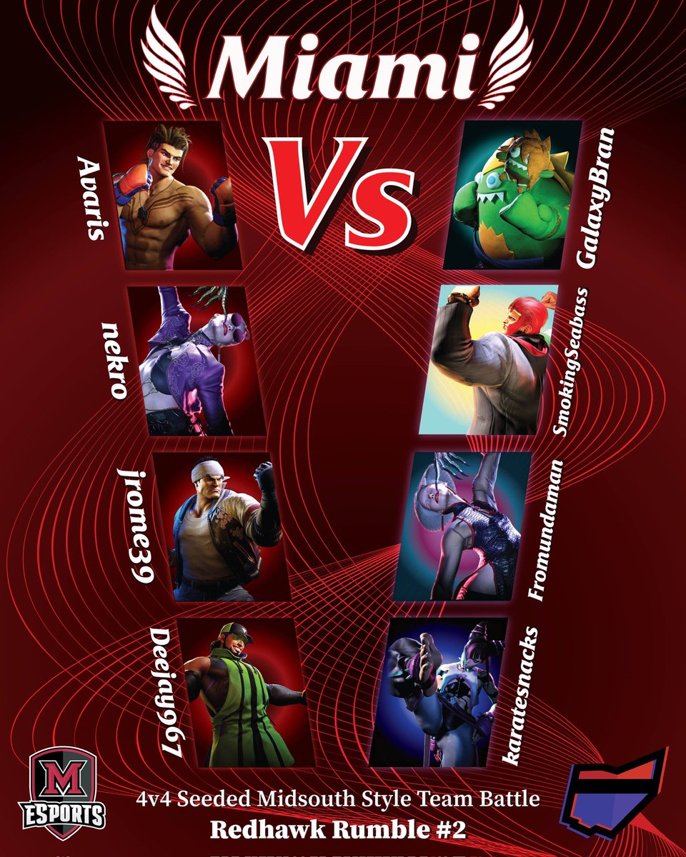 MIAMI VS. happening this Saturday! Be sure to tune in!

<a href="/Avaris_18/">MUOH | Avaris</a> 
<a href="/kaymfgc/">nekro</a> 
<a href="/j_rome39/">MUOH | jrome39</a> 
<a href="/Deejay_967/">Tyler</a> 
VS
<a href="/TrulyGalaxyBrAn/">Vanilla Gorilla</a> 
<a href="/SmokingSeabass/">SmokingSeabass</a> 
<a href="/TheFromundaman/">Fromundaman</a> 
Karatesnacks

It’ll be streamed after our SF6 bracket is finished!
