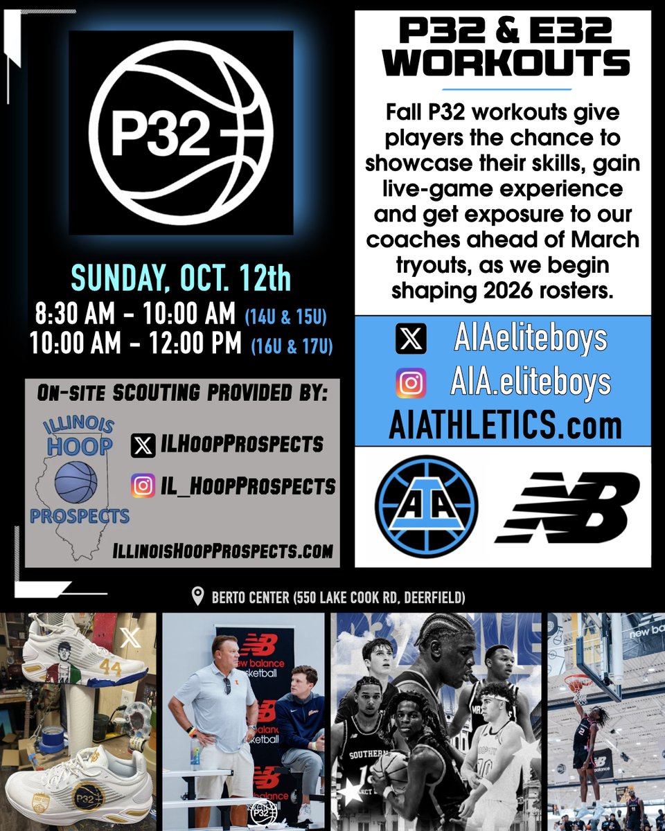 REMINDER: our <a href="/AIAeliteboys/">ALL IN Elite Boys</a> P32 workout series continues this Sunday, October 12th in Deerfield:

* 8:30a-10:00a (14U-15U)
* 10:00a-12:00p (16U-17U)

Open to all that are interested in getting in front of our coaching staff!

DM or email andrew@aiathletics.com for signup info!