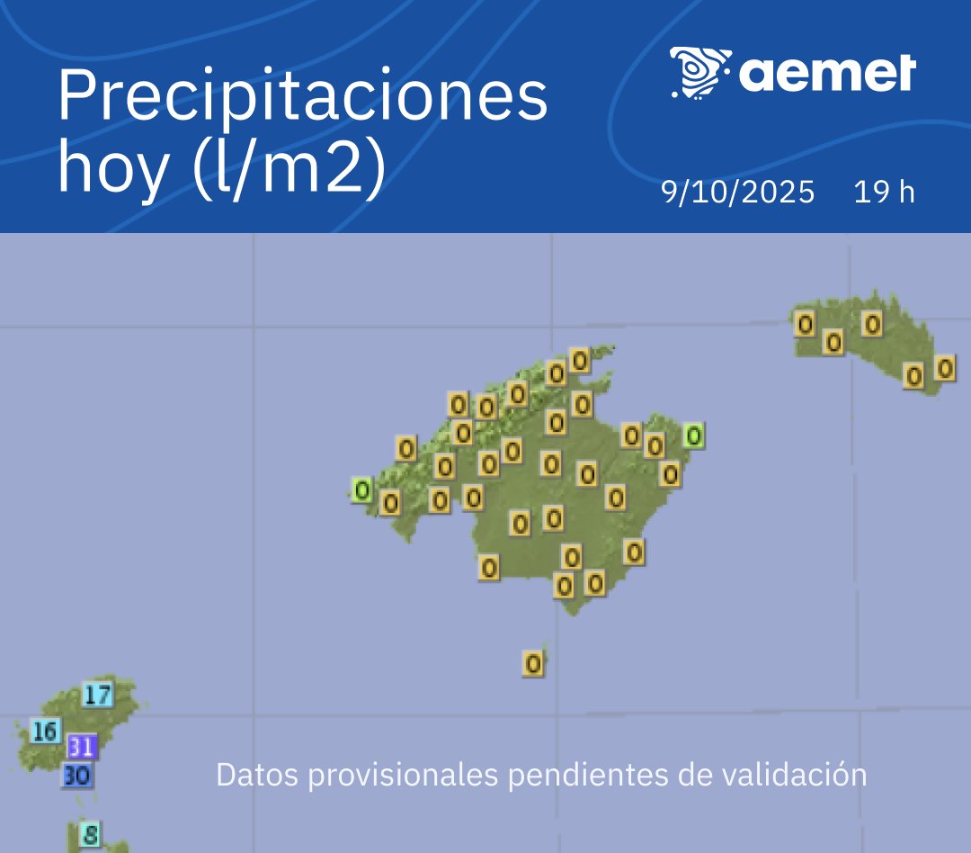 Las precipitaciones (l/m2) recogidas hoy hasta las 19h en Ibiza y Formentera han sido:

31 Eivissa
30 Aeropuerto de Ibiza
16 Sant Antoni de Portmany
15 Sant Joan de Labritja
8 Formentera

aemet.es/es/eltiempo/ob…