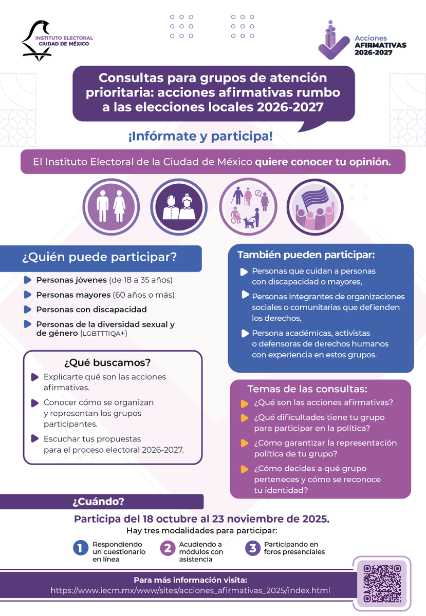 El <a href="/iecm/">IECM</a> convoca a personas jóvenes, mayores, con discapacidad y de la diversidad sexual y de género a participar en las Consultas sobre acciones afirmativas en la postulación de candidaturas para el Proceso Electoral Local Ordinario 2026–2027. Infórmate y asiste. ¡Tu voz cuenta!