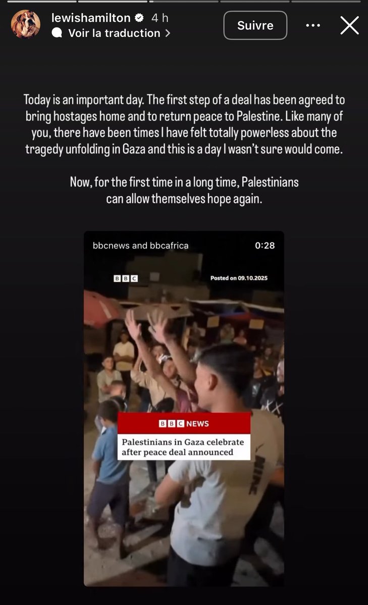 FocusMedia_Fr's tweet photo. 🇵🇸 FLASH INFO 

LE CHAMPION DU MONDE DE FORMULE 1 LEWIS HAMILTON SUR LA SITUATION À GAZA. 

« Nous ne pouvons pas oublier que cet accord arrive trop tard pour les 67
000 personnes qui sont mortes à Gaza, dont 20 000 enfants innocents. Nous ne les oublierons pas, ni les souffrances des survivants. (…) Il faudra beaucoup de travail et le soutien de tous dans le monde pour aider les Palestiniens à reconstruire leur vie après les souffrances de ces dernières années. »