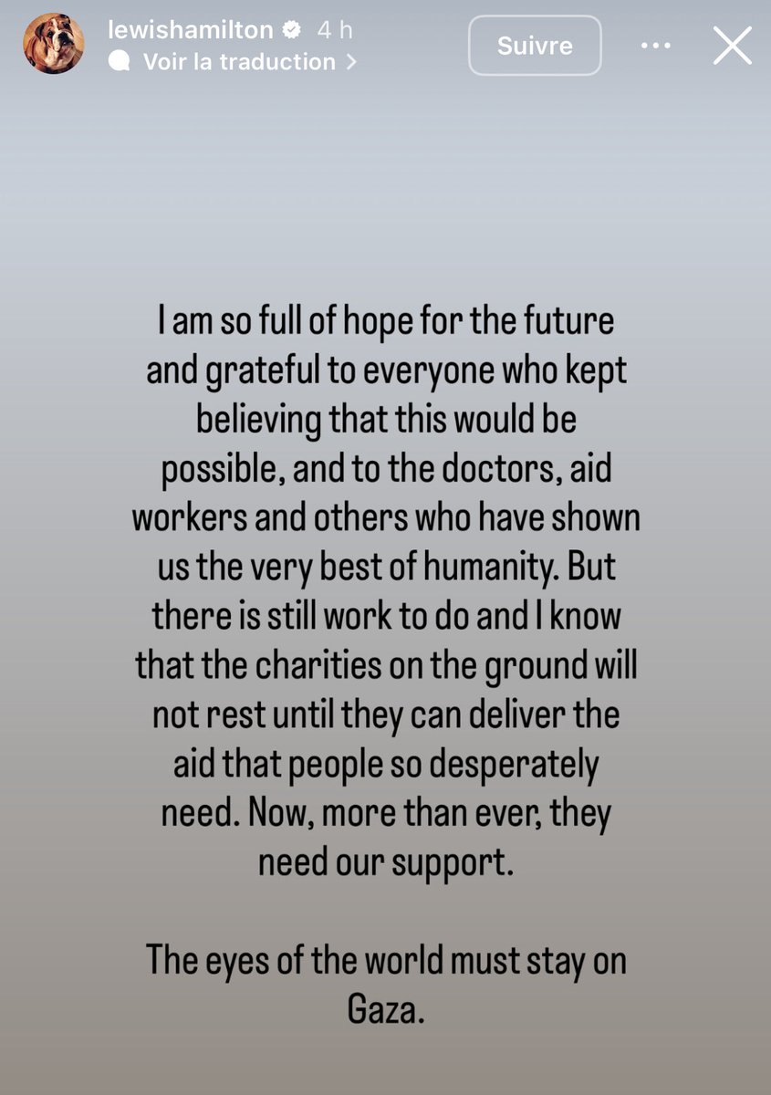FocusMedia_Fr's tweet photo. 🇵🇸 FLASH INFO 

LE CHAMPION DU MONDE DE FORMULE 1 LEWIS HAMILTON SUR LA SITUATION À GAZA. 

« Nous ne pouvons pas oublier que cet accord arrive trop tard pour les 67
000 personnes qui sont mortes à Gaza, dont 20 000 enfants innocents. Nous ne les oublierons pas, ni les souffrances des survivants. (…) Il faudra beaucoup de travail et le soutien de tous dans le monde pour aider les Palestiniens à reconstruire leur vie après les souffrances de ces dernières années. »
