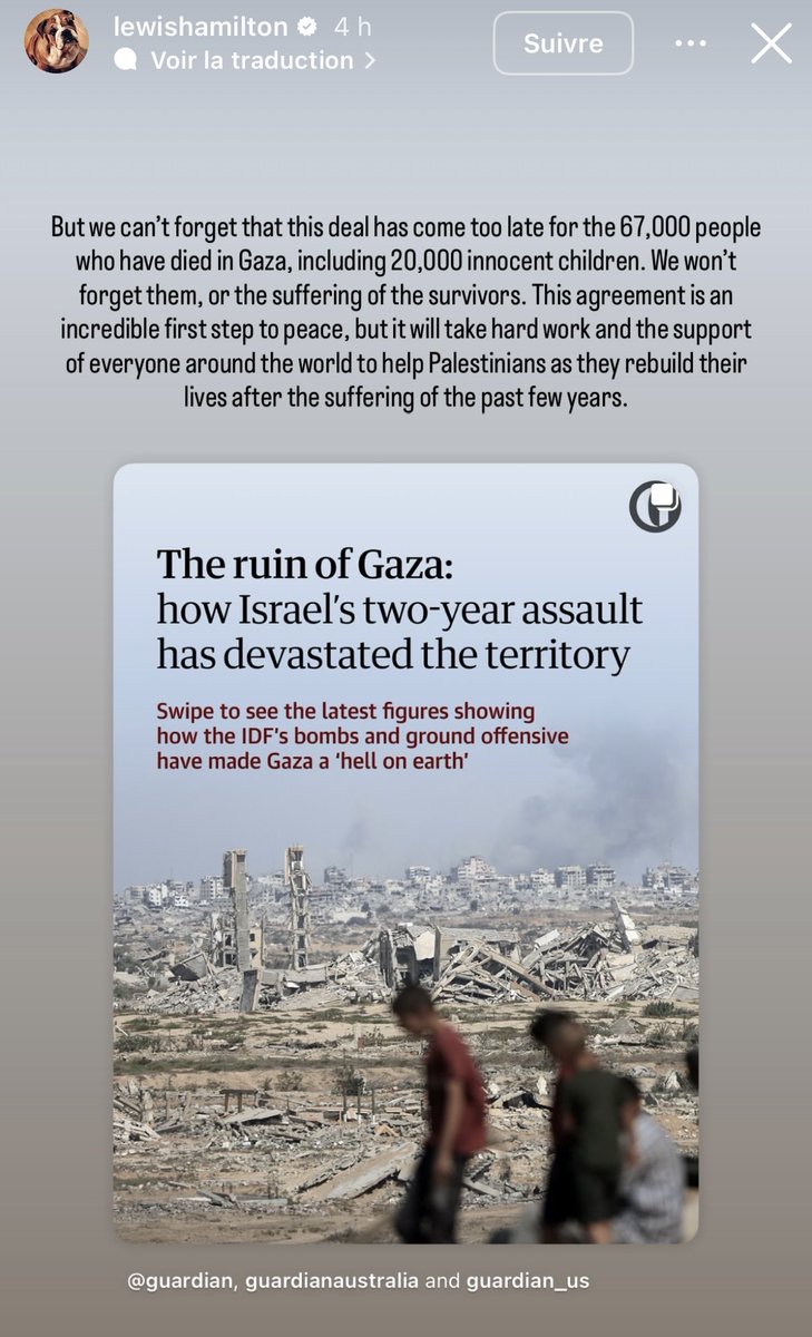 FocusMedia_Fr's tweet photo. 🇵🇸 FLASH INFO 

LE CHAMPION DU MONDE DE FORMULE 1 LEWIS HAMILTON SUR LA SITUATION À GAZA. 

« Nous ne pouvons pas oublier que cet accord arrive trop tard pour les 67
000 personnes qui sont mortes à Gaza, dont 20 000 enfants innocents. Nous ne les oublierons pas, ni les souffrances des survivants. (…) Il faudra beaucoup de travail et le soutien de tous dans le monde pour aider les Palestiniens à reconstruire leur vie après les souffrances de ces dernières années. »
