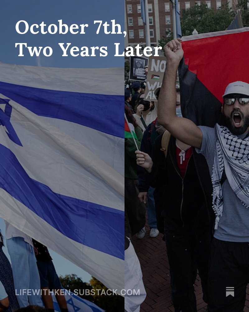 Split image with left side showing the blue and white Israeli flag waving against a clear sky and right side depicting a protest scene where a man in sunglasses and a cap raises his fist holding a red green black and white Palestinian flag with keffiyeh scarves visible on protesters including a woman in a red top and others in gray clothing against a brick building background with no war banners