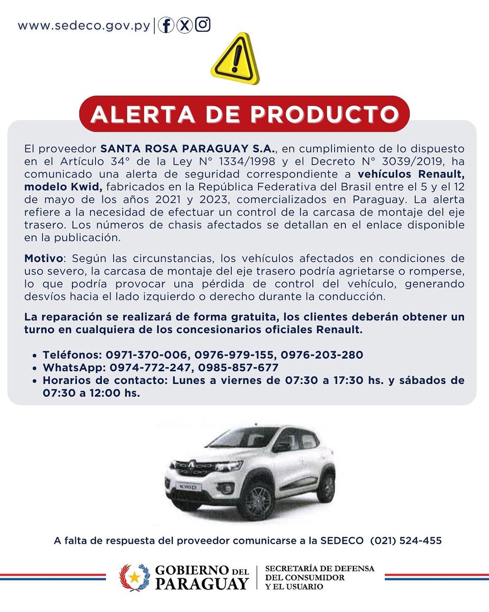 sedecopy's tweet image. ⚠️ALERTA DE PRODUCTO – RENAULT KWID
SEDECO informa que SANTA ROSA PARAGUAY S.A. lanzó una campaña preventiva para vehículos Renault Kwid, fabricados entre mayo 2021 y mayo 2023.