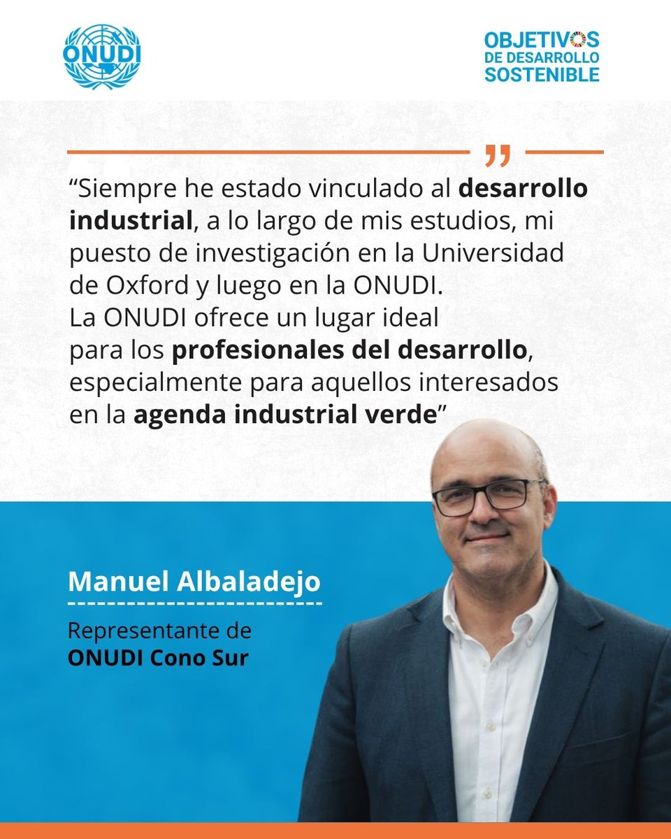 Detrás de cada proyecto de desarrollo industrial sostenible hay personas comprometidas con generar impacto.🌱 <a href="/Albaladm/">Manuel Albaladejo</a> , representante de <a href="/UNIDO/">UNIDO</a>  para 🇦🇷🇨🇱🇵🇾🇺🇾, comparte su visión sobre desarrollar carreras en innovación y agenda industrial verde en nuestra organización.