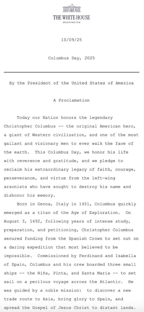 🇪🇸🇺🇸 | Donald Trump firma la declaración del Día de la Hispanidad de este año, en la que recuerda la figura de los Reyes Católicos, Fernando e Isabel, a Colón, y el carácter evangelizador del descubrimiento de América:

«Lo guiaba una misión noble: hallar una nueva ruta comercial