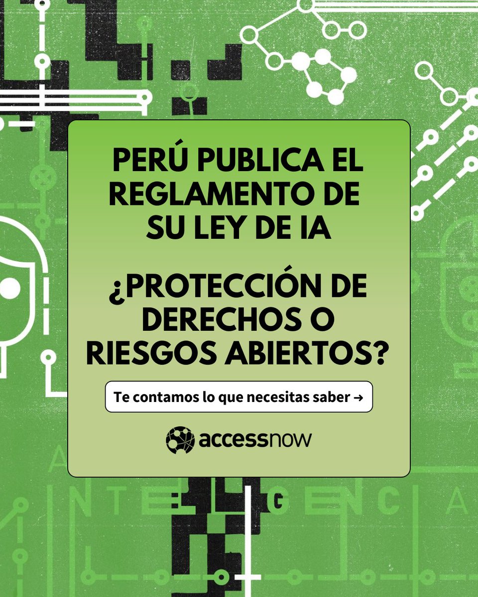 accessnow_latam's tweet image. Perú publica el reglamento de su Ley de IA. ¿Es protección de derechos o riesgos abiertos?

Te lo contamos en este hilo ⬇️🧵