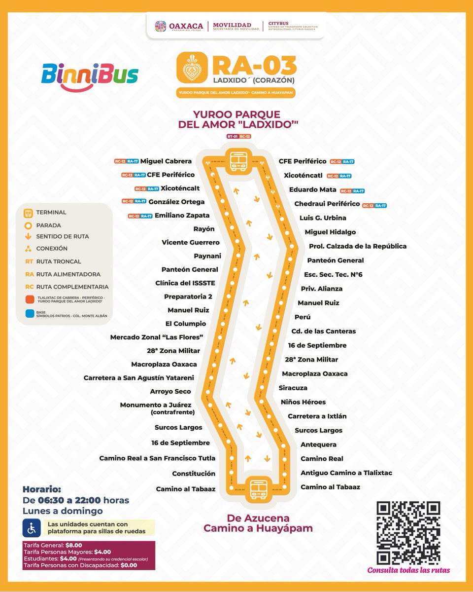 🚍 ¡Seguimos conectando más destinos!
La nueva ruta RA-03 Parque del Amor – Camino a Huayápam amplía nuestra cobertura y mejora la movilidad de la zona 
Opera de 6:30 a.m. a 10:00 p.m.
Conoce sus paradas autorizadas 👇
#LlegóElBinni