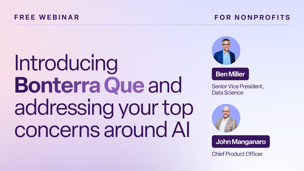 As AI transforms the #socialGood sector, #nonprofit leaders are asking the right questions about ethics and trust.

We're addressing the questions in a candid convo with John M., chief product officer, and Ben Miller, SVP of data science.

Register 👉 bit.ly/4odERRA