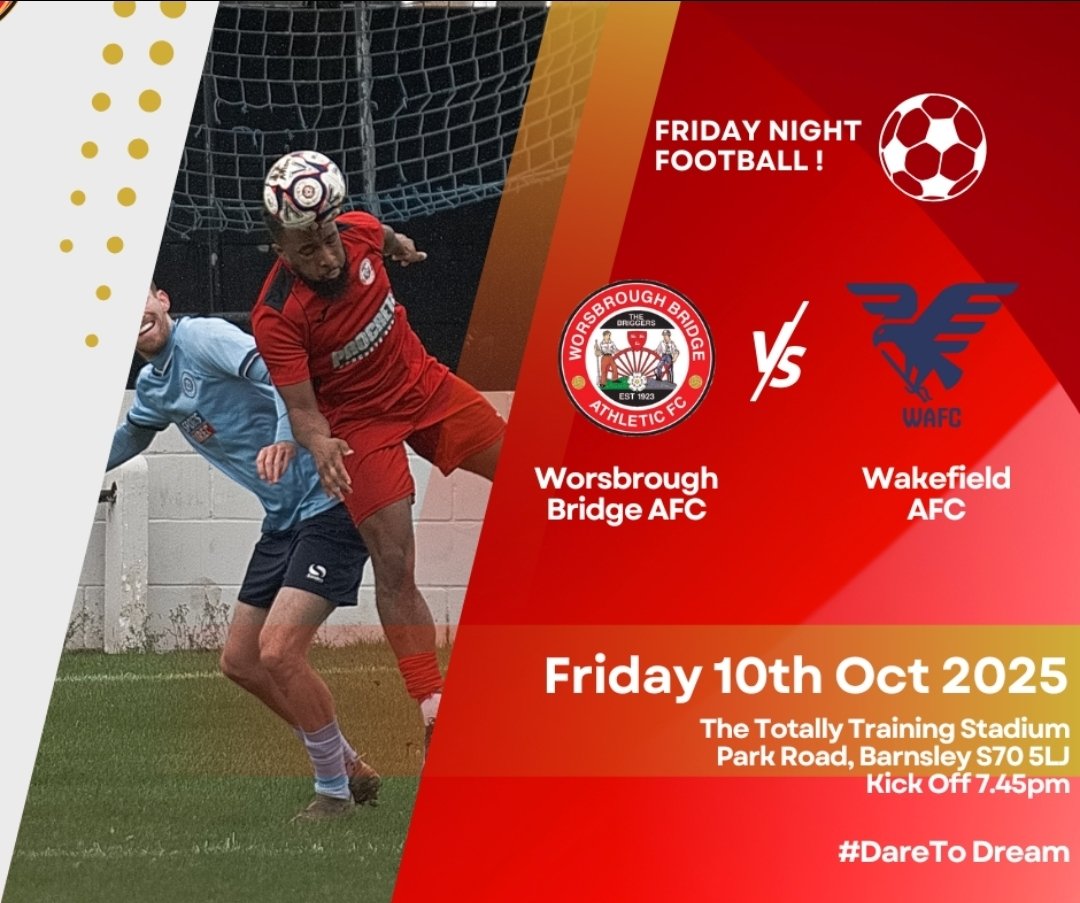 WorsbroughBFC's tweet image. 24 HOURS TILL FRIDAY NIGHT FOOTBALL ⚽️ 

Join us at The Totally Training Stadium as we welcome @Wakefield_AFC 

Additional car park space at Worsbrough Mill next to the ground &amp;amp; admission is &quot;cheap as chips&quot; at £5 adults, £3 Concessions U16s FREE.

Come &amp;amp; support local football.