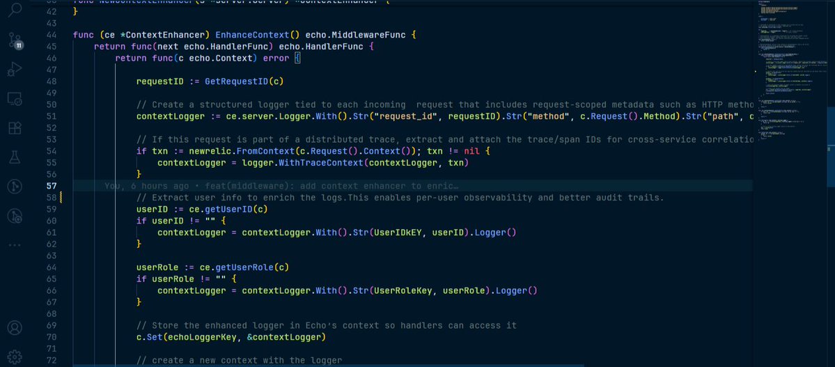 pip_script's tweet image. Spent today building a middleware that enriches every request that enters my backend.
- For every incoming HTTP request, it attaches a structured logger to the context. This logger is pre-populated with request ID, HTTP method, route path, client IP, user ID and user role.