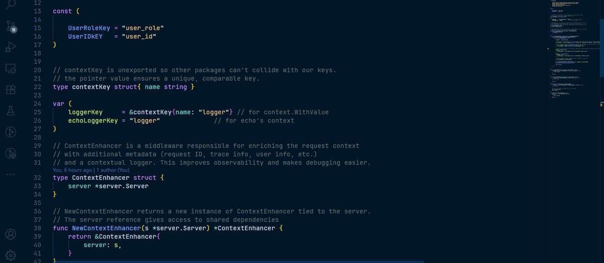 pip_script's tweet image. Spent today building a middleware that enriches every request that enters my backend.
- For every incoming HTTP request, it attaches a structured logger to the context. This logger is pre-populated with request ID, HTTP method, route path, client IP, user ID and user role.