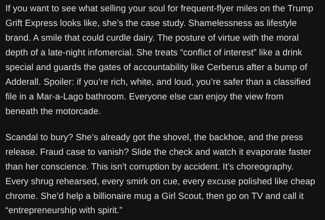 anarie_wit's tweet image. JoJoFromJerz nails it again!

"Pam Bondi isn’t just what happens when ambition outlives conscience. She’s what happens when it kills it &amp;amp; wears the skin to work....Integrity didn’t just die. It faked its own death, changed its name &amp;amp; moved three states over to get away from her."