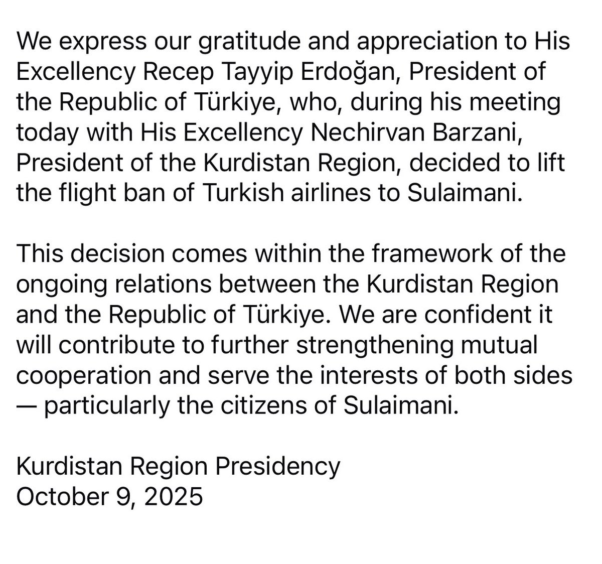 Statement from the Kurdistan Region Presidency on the resumption of Turkish flights to Sulaimani: