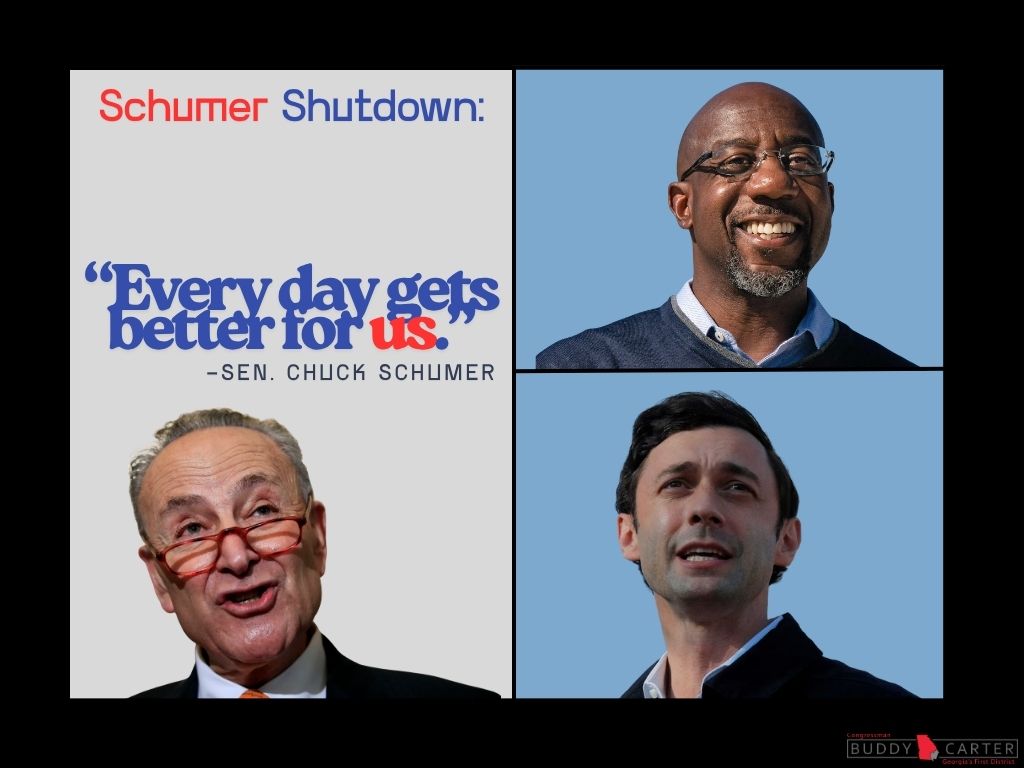 RepBuddyCarter's tweet image. Happy for you, Chuck.

Every day it gets WORSE for our armed servicemembers, veterans, federal workers, our farmers, and people who rely on federal assistance.

@SenOssoff and @SenatorWarnock – are you celebrating with Chuck Schumer, too?