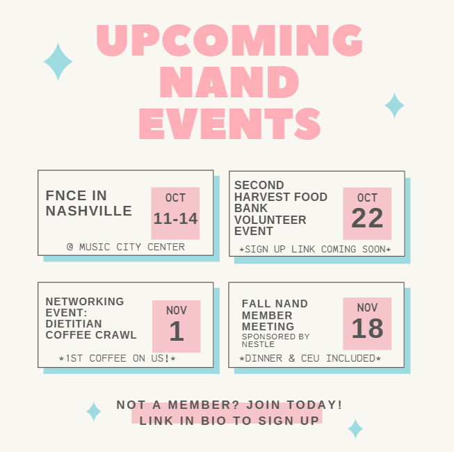 EatRightNash's tweet photo. We have some exciting events coming up this fall for our NAND members!
Join today and don't miss out on networking, CEUs, and more.
https://t.co/NkL5lG7bur https://t.co/VmseFXpgDT