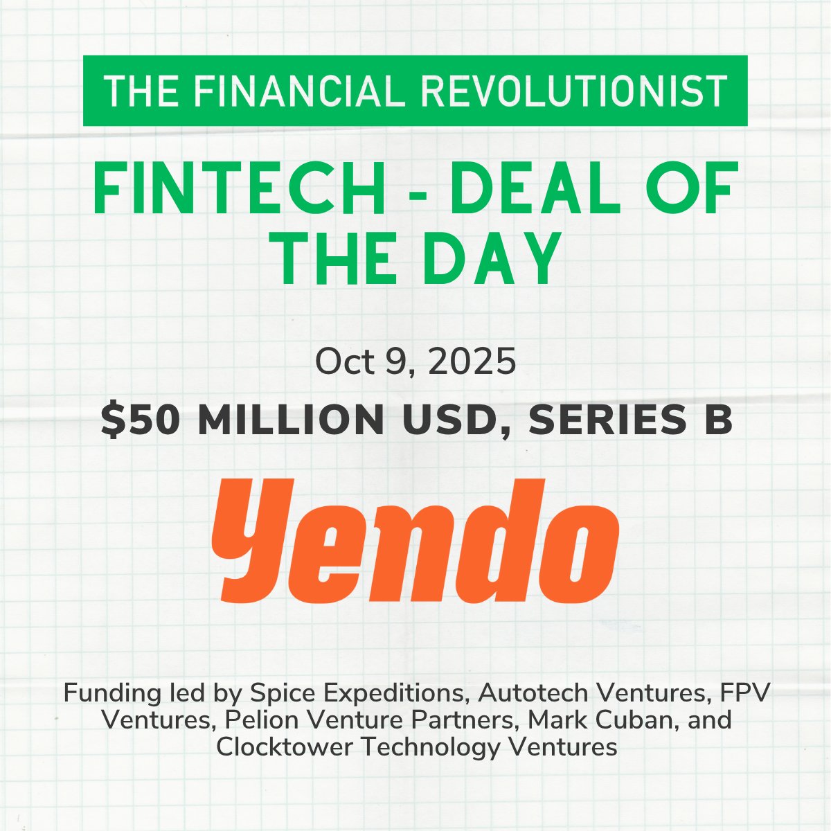 Today's #fintechdeal is for Yendo, a TX-based vehicle-secured credit card provider, which raised $50 million in a Series B round. 🚀💲💲💲

👉 Subscribe to the FR for the latest on the top #fintech deals: bit.ly/subscribe

#FintechDeals #FintechNews #Lending