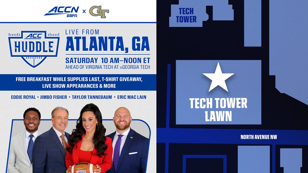 GTAthletics's tweet image. 𝗔𝗖𝗖 𝗛𝗨𝗗𝗗𝗟𝗘 𝗢𝗡 𝗧𝗛𝗘 𝗙𝗟𝗔𝗧𝗦 𝗔𝗚𝗔𝗜𝗡 👀

🗓️Saturday
📍Tech Tower Lawn
⌚️10 a.m.
🍳Free breakfast while supplies last
👕T-shirt giveaways
📺@accnetwork

#StingEm 🐝