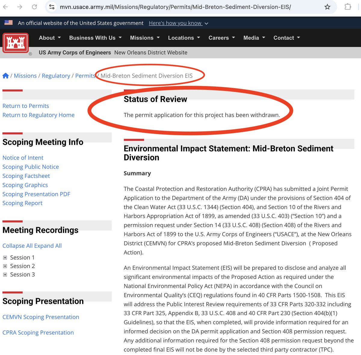 VICTORY FOR THE MISSISSIPPI SOUND! 
We’re happy to say the U.S. Army Corps of Engineers announced the permit application for this project [Mid-Breton Sediment Diversion] has been withdrawn. 
See the attachment of the USACE  Mid-Breton webpage. A win for #SaveourSound!