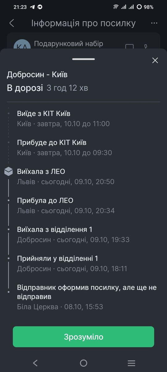 Заздрю своїй посилці, яка, щоб з Білої Церкви потрапити до Києва, поїхала аж у Львів