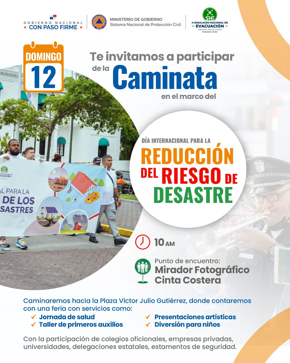 Te invitamos a participar en la Caminata en conmemoración del Día Internacional para
la Reducción del Riesgo de Desastre, este domingo 12 de octubre
⏰ 10:00 a.m.
📍 Punto de encuentro: ¡Mirador Fotográfico, Cinta Costera!
⚠️ Sugerencia: suéter blanco
por un Panamá más preparado!
