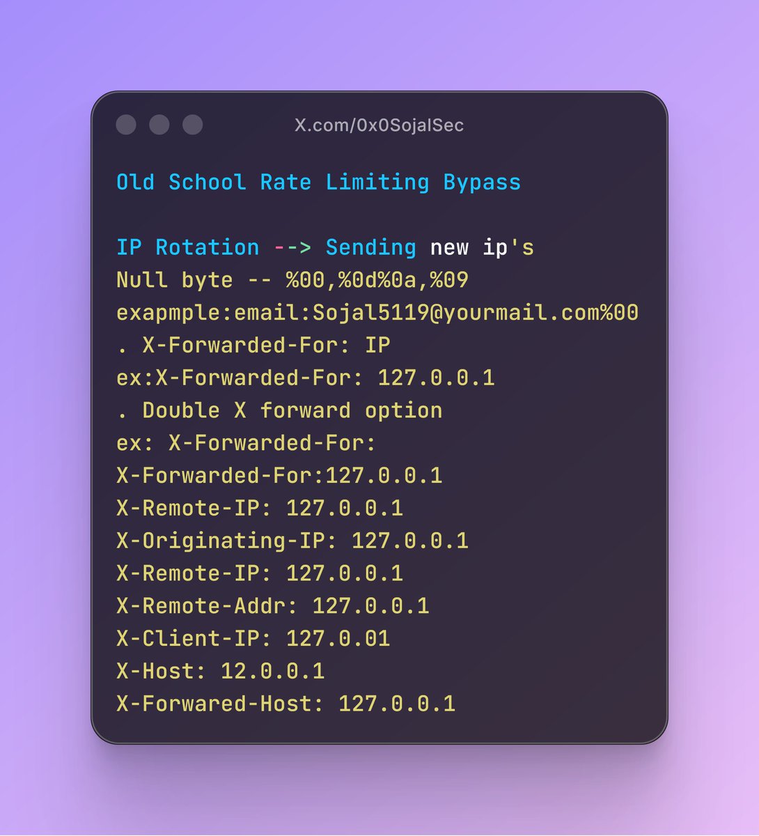 0x0SojalSec's tweet image. I was able to bypass rate limiting using this on mostly websites. 

#infosec #cybersec #bugbountytips