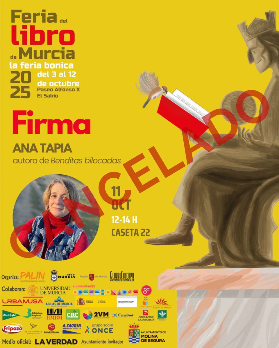 Debido a la alerta naranja para
mañana viernes 10 de octubre
La Feria del Libro de Murcia cerrará sus casetas y cancelará todas las actividades.

Si habías apuntado las nuestras puedes liberar agenda y, sobre todo, cuidarte mucho si estás en la zona.

#FeriaDelLibroMurcia