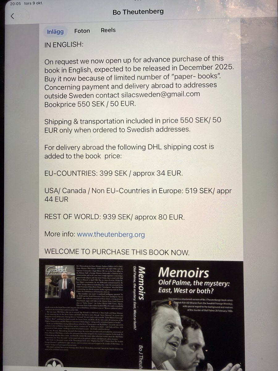 MEMOIRS is the title of the new book to be released in December 2025. Advanced purchase (swish 550 SEK to no 1235116736) from now on. Additional DHL shipping cost for deliveries abroad see encl picture.