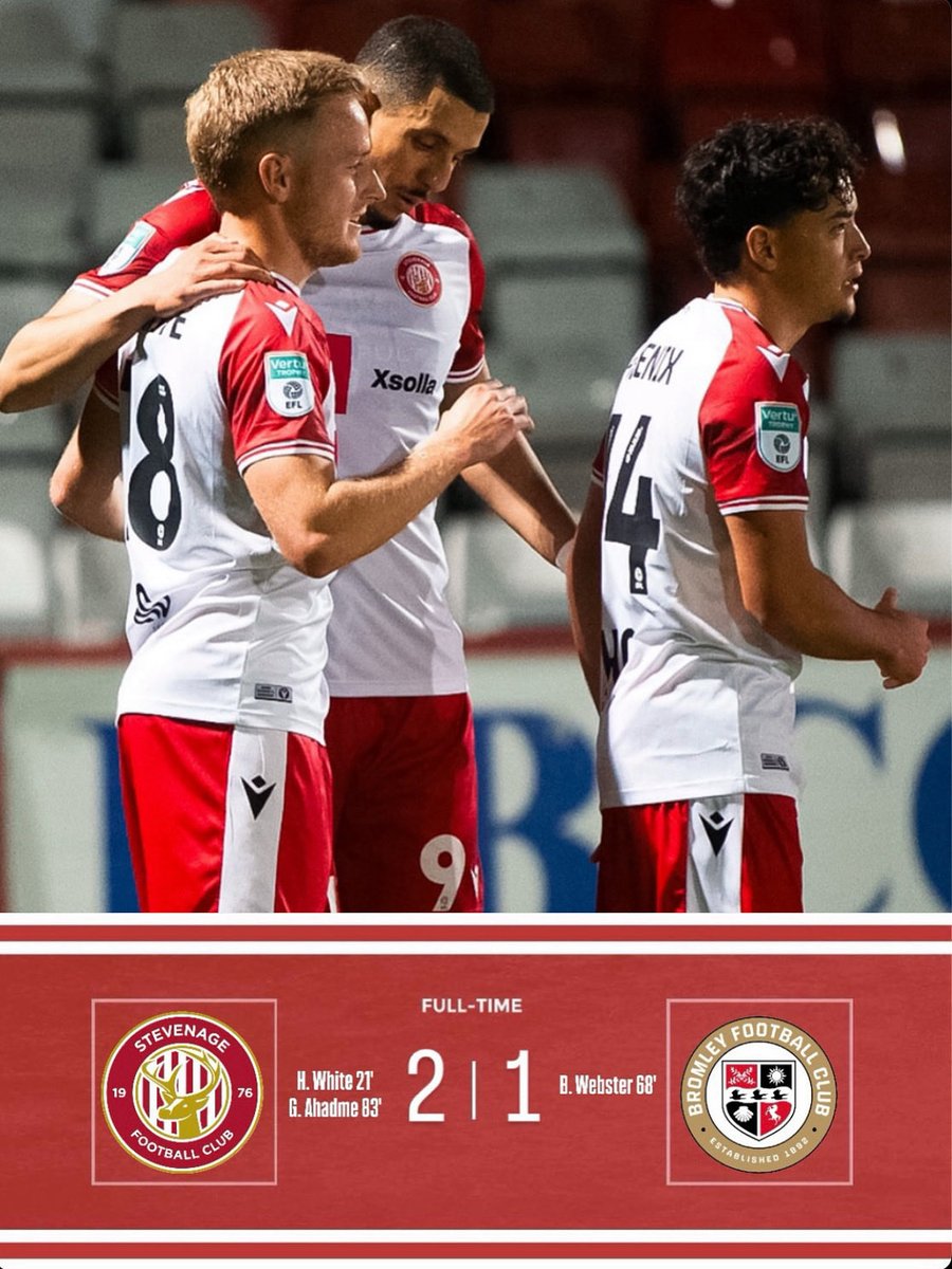 _BORONEWS_'s tweet photo. INTO THE ROUND OF 32 🏆
Stevenage beat Bromley FC 2️⃣-1️⃣ at the Lamex Stadium in the Vertu Trophy.
Our next game is against Lincoln City on Saturday 18th October at the LNER Stadium 🔜
UP THE BORO 🔴⚪️
#sbfc | #STEBRO | #VertuTrophy https://t.co/0KslOxZlyz