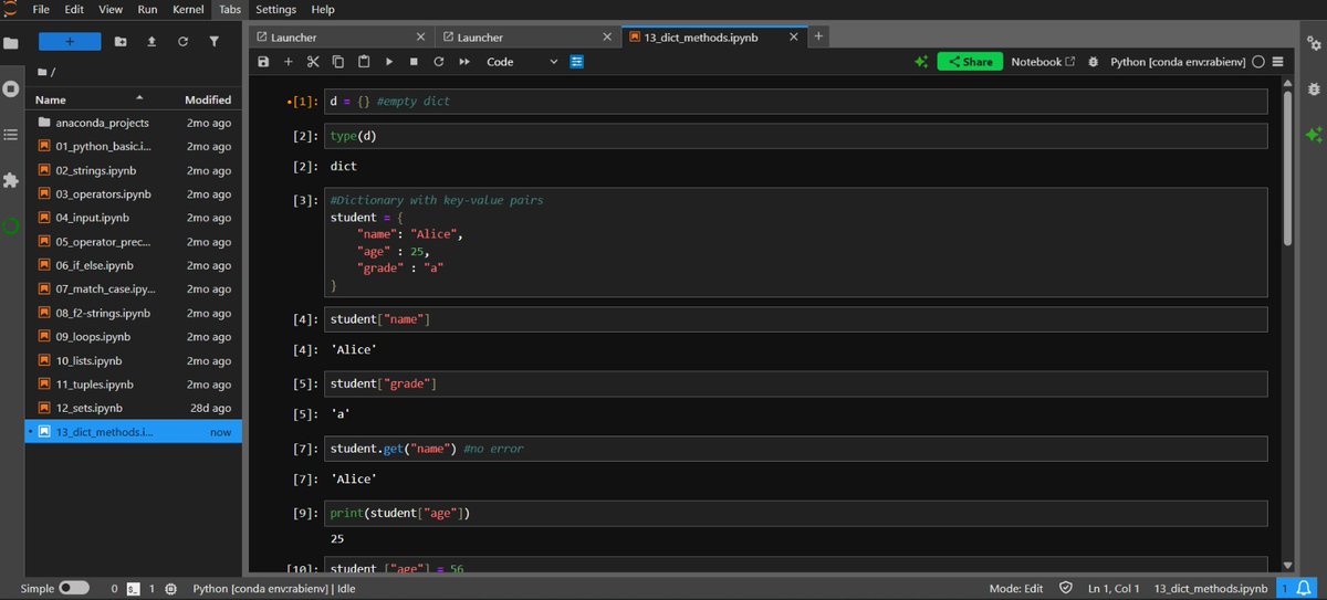 itsrabisankar's tweet image. 🌞It's DAY-13 (09-10-2025)
🚀 The Ultimate Job Ready Data Science Course via @codewithharry
📚Topics Covered Today Python Refresher(For Data Science)
=> Dictionary & Dictionary Methods
Thanks to my mentor
#DataScience #DataAnalytics #LearnDataScience