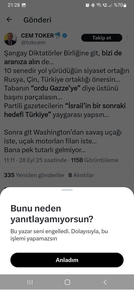 Vay be demokrata bak düşünce özgürlüğünü savunana bak tam bir avrupalı zihniyeti ama geriden demekki bunların konuşma düşünme özgürlüğü ipin ucu kendilerine dokunana kadar bunlata dokundunmu seni susturmak için heryolu deniyorlar bak buda beni engellemiş papucumun demokratı
