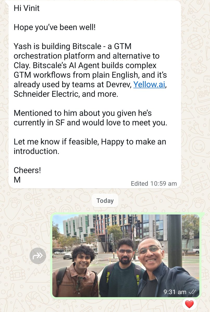 vinit's tweet image. .@MrinaliniArora wanted me to meet @_sharmayash in SF. Even before we could coordinate schedules, i bumped into him on the street SF @Techweek_

That&apos;s AI density!