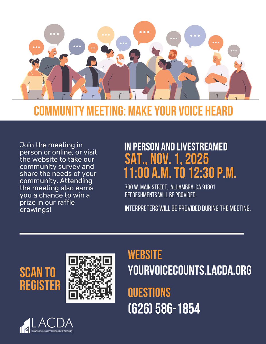 LACDevAuthority's tweet image. If you live/work in #LACounty or participate in #LACDA programs, we want to hear from you! We are hosting a community meeting on 11/1, from 11 A.M. to 12:30 P.M. at our headquarters. Don’t miss an opportunity to give input. Register at yourvoicecounts.lacda.org. #MakeYourVoiceHeard