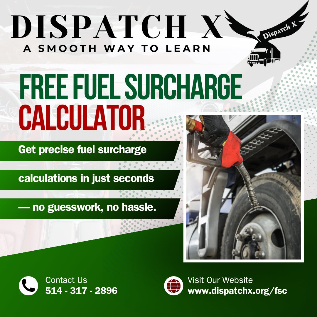 DisptchX's tweet image. ⛽ Instant Fuel Surcharge Calculator — Free &amp;amp; Simple

Stop estimating and start knowing. ⚡
Get precise fuel surcharge calculations in just seconds — no guesswork, no hassle.

👉 Try it today: dispatchx.org/fsc

#DispatchX #FuelSurcharge #LogisticsTools