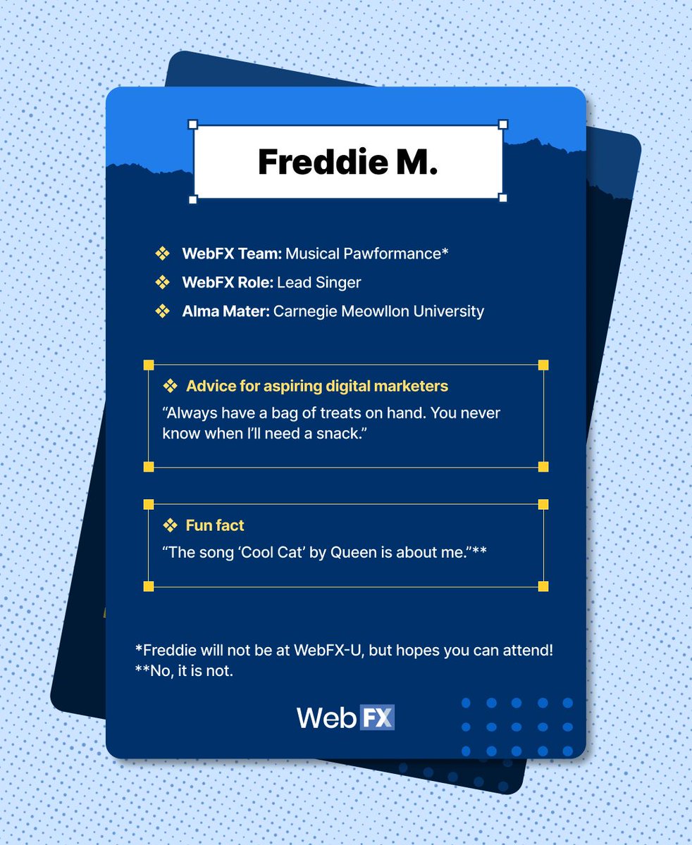 webfx's tweet image. Registration for WebFX-U closes tomorrow (10/10) at 12 p.m. If you haven&apos;t registered yet, now is the time! 🚨

Before registration closes, we&apos;d like you to meet Shannon and her sidekick Freddie Mercury (no, not THAT Freddie Mercury — but equally as cool). Shannon is one of our…