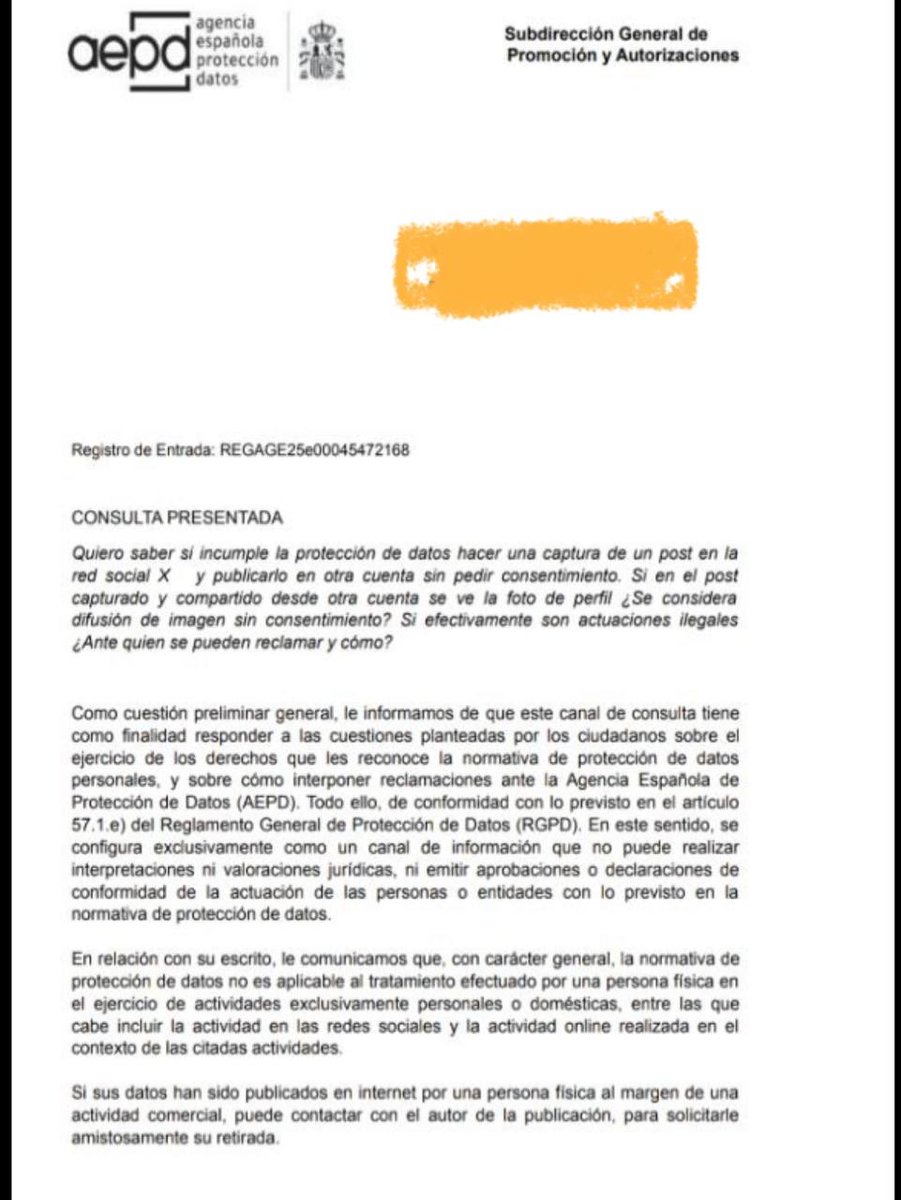 BONUS EXTRA: <a href="/PDuchement/">P. Duchement</a>. Deberías saber qué hacer capturas a un post tuyo y republicarlas en X no es ningún delito ni atenta contra la LOPD. En todo caso, si no lo sabías aquí tienes la respuesta a la consulta de la agencia.
Ruego te desdigas de la difamación en tu último post.