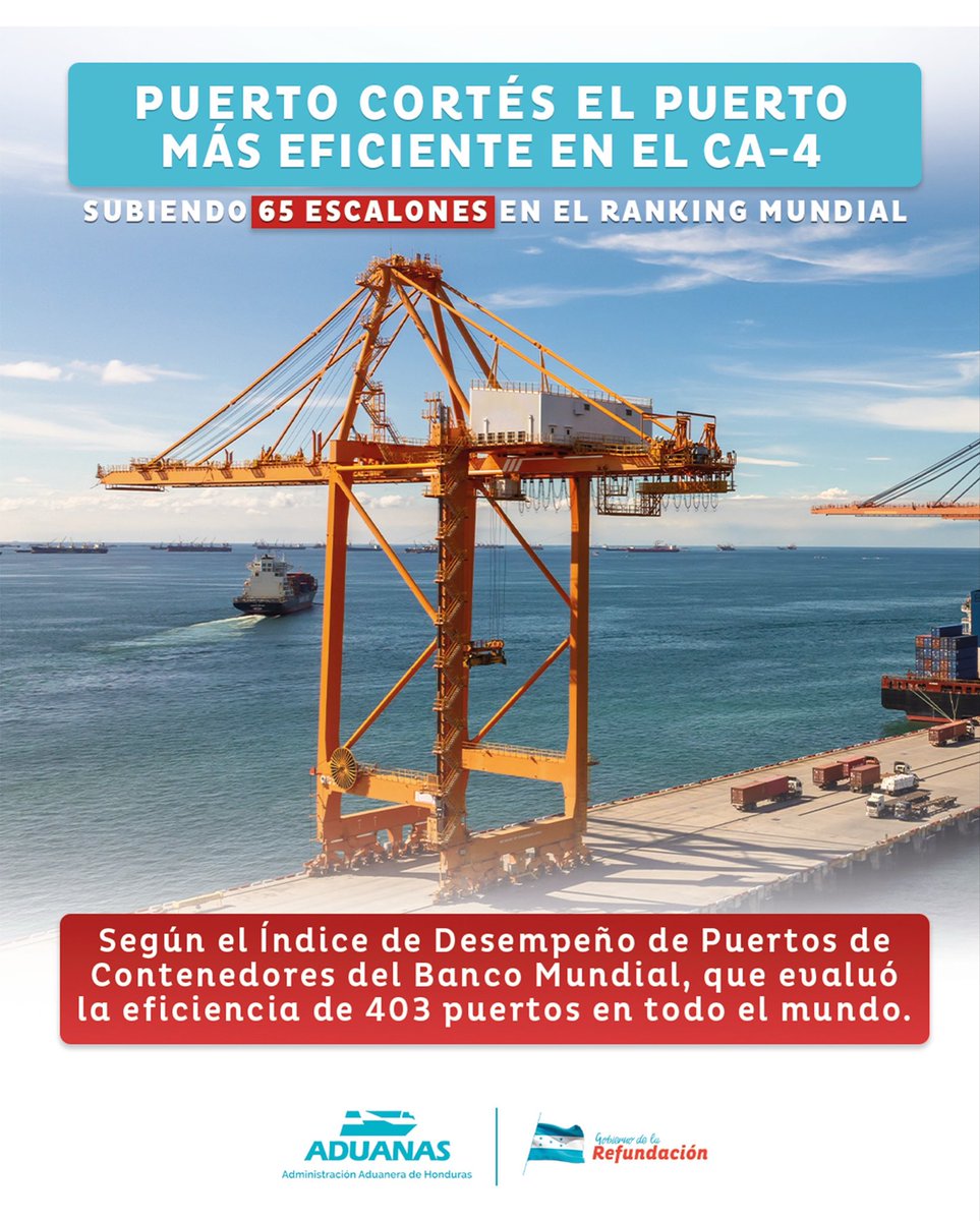 Aduanas Honduras (@aduanashonduras) on Twitter photo 📈 Salto Histórico: Puerto Cortés escaló 65 posiciones en el Índice de Desempeño de los Puerto de Contenedores del <a href="/BancoMundial/">Banco Mundial</a> colocándose en el puesto 110 en el Ranking Global. 📈 Salto Histórico: Puerto Cortés escaló 65 posiciones en el Índice de Desempeño de los Puerto de Contenedores del <a href="/BancoMundial/">Banco Mundial</a> colocándose en el puesto 110 en el Ranking Global.