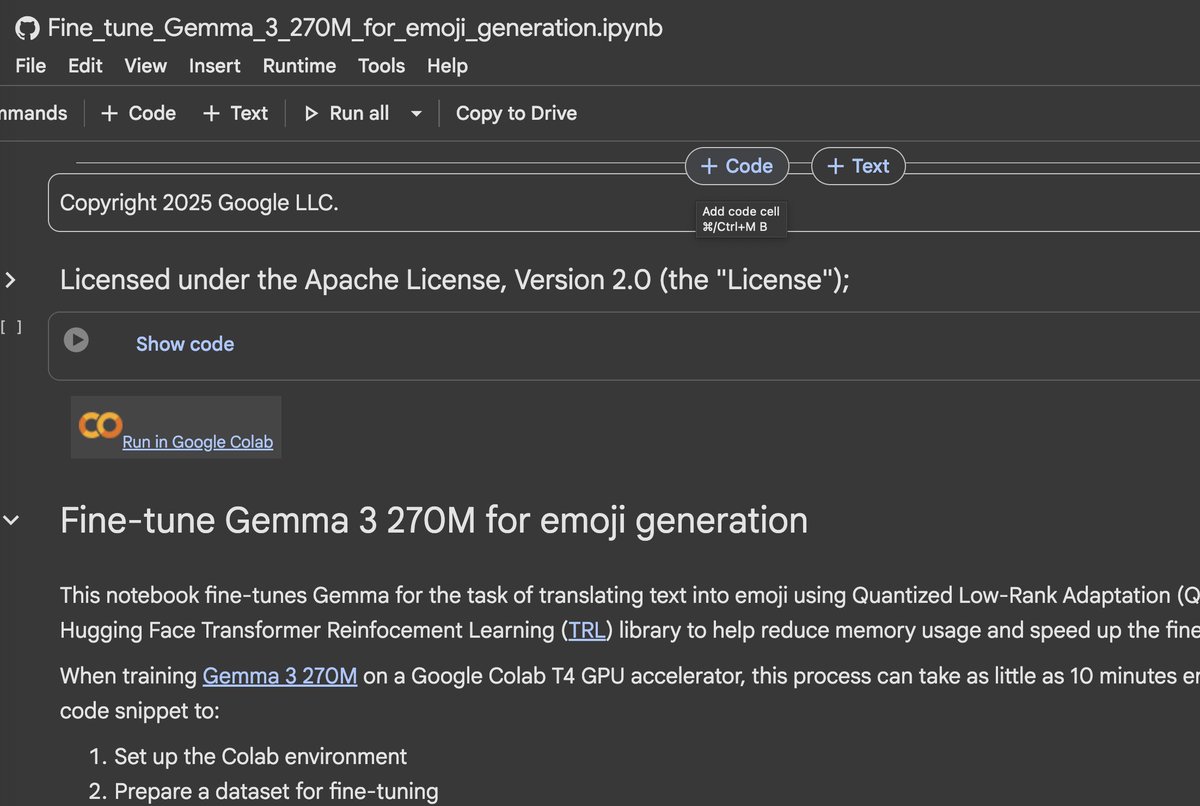ben_burtenshaw's tweet image. deepmind just dropped a handy little colab on fine-tuning gemma3-270m for emoji generation. 

this is a super lower resource task with 270m parameter model, qlora, short sequences. so it&apos;s a great one to try out  locally or on colab. 

it&apos;s also a nice one to deploy in a js app…
