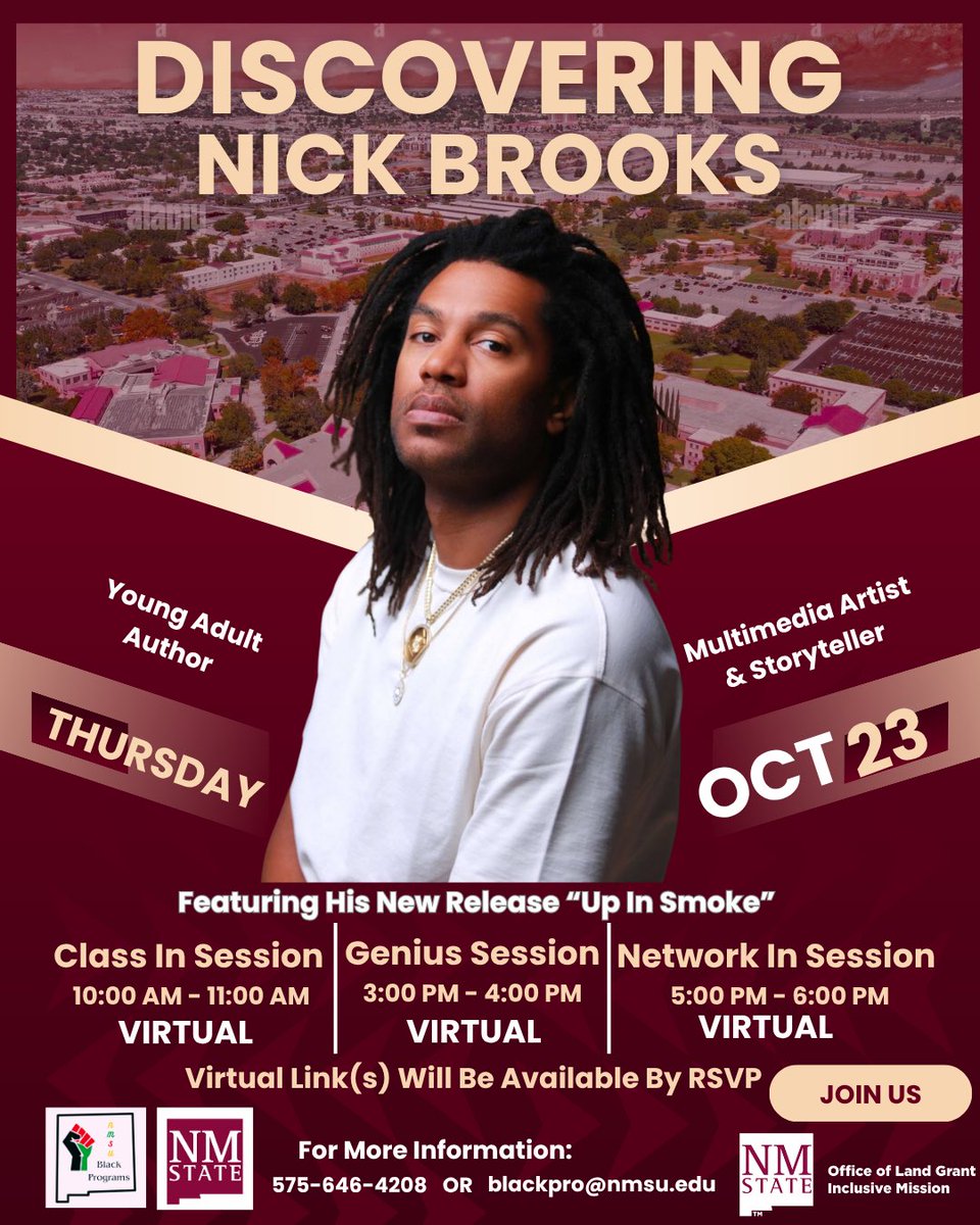 📚🎤 Discovering Nick Brooks
Whether you're a writer, artist, or just love powerful narratives, this is YOUR chance to connect, learn, and be moved. 💡🖋️🎧 
🔗 RSVP to get the link! 
#DiscoveringNickBrooks #Creatives #NMSU #BlackProgramsNMSU #YoungAdultAuthor #VirtualEvent