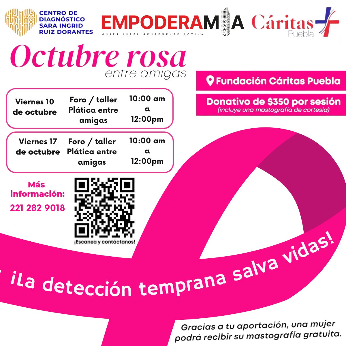 🎀 ¡Súmate a “Octubre Rosa entre Amigas”!
Con tu donativo, una mujer podrá recibir su mastografía gratuita.

💗Participa en nuestros foros y talleres con causa.
👉linktr.ee/SaludalAlcance…
💗Donativo $350 (Tu donativo salva vidas).

📞 2212829018
#Empoderamia #JuntasPorLaSalud