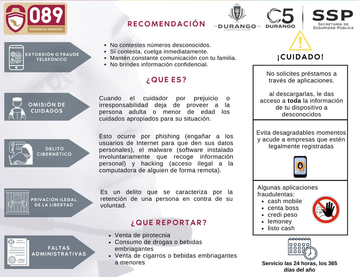 sspdgo's tweet image. Reporta al #089 cualquier llamada sospechosa, tu denuncia es anónima y confidencial.