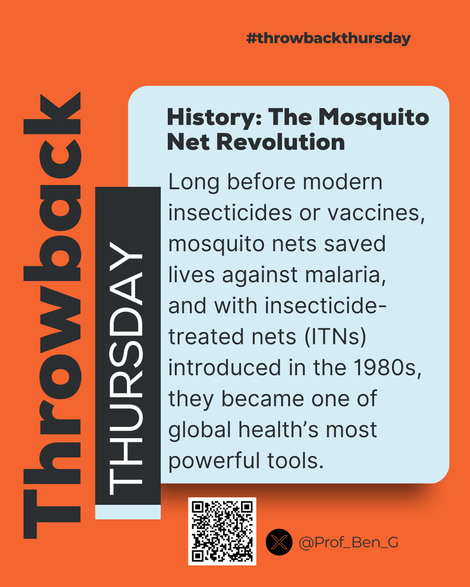 Prof_Ben_G's tweet image. Throwback Thursday: 
Once upon a time, before insecticides or vaccines, humanity fought malaria with nothing but a simple mesh, the mosquito net.
A humble net, yet a powerful reminder that sometimes, the simplest ideas save the most lives.
 #Malaria #VectorControl #Parasitology