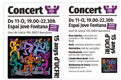 UCFR_Barcelona's tweet photo. #AGENDA- Diss. 11-O/19:00 h/ #EspaiJoveLaFontana #CONCERT #Antiracista - #UCFR15Anys  #MusicaSIfeixismeNO 
https://t.co/akVkFAzBkX

#CanBaró   
#elGuinardó   
#laFontDenFargues   
#elCarmel   
#laTeixonera   
#SantGenísDelsAgudells   
#Montbau   
#VallHebron   
#Clota   
#Horta https://t.co/z6CP2vEcky
